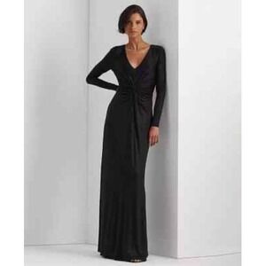 Lauren Ralph Lauren Nadia Black Metallic Twist Front‎ Long Sleeve Gown Size 10